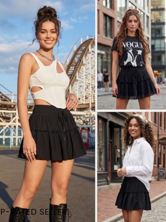 High Waist Athletic Skort with Built-In Shorts Flowy Ruffle Tiered Layered - Picture 6 of 7